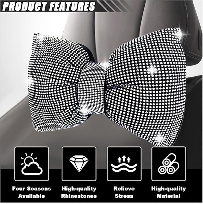 1 PCS Rhinestone Car Headrest Neck Pillow, Auto Headrest Cushion for Driving Seat, Bling Crystal Diamond Bow Neck Support Relax Pillow, Car Interior Accessories for Women Girly (White)