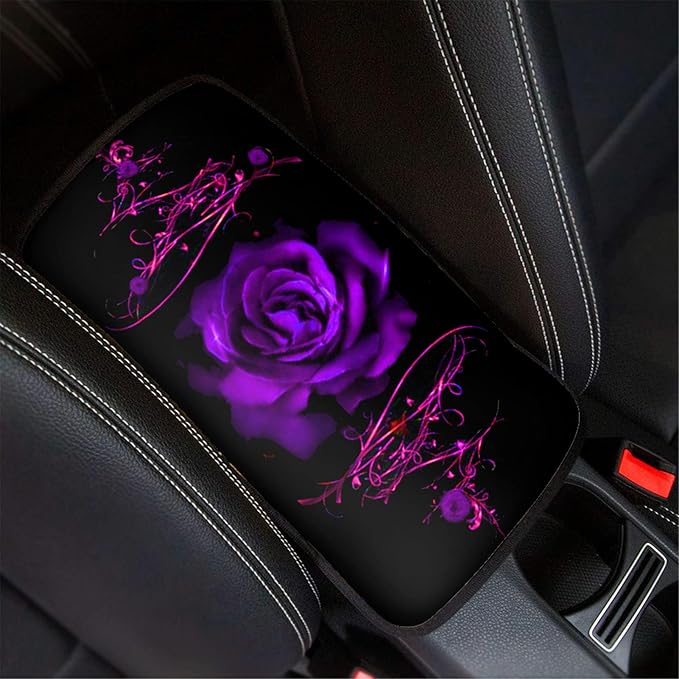 JEOCODY Purple Rose Auto Center Console Cushion Pad Universal Fit Most Vehicle/SUV/Truck, Waterproof Neoprene Armrest Seat Box Cover Protector Car Accessories
