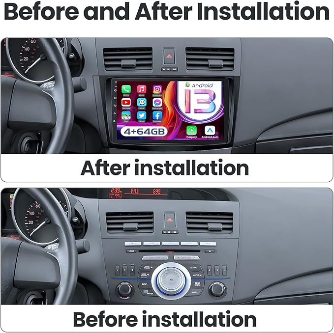 Car Stereo for Mazda 3 2010-2013: 4+64GB, Wireless CarPlay &Android Auto Car Radio, 9" HD Touchscreen Receiver, GPS, BT5.4, FM, SWC, 1080P Backup Camera (Fit for Bose System)