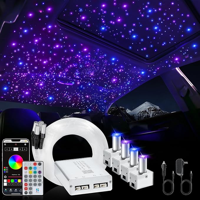 Split 4 Colors 12W Car Starlight Headliner Kit 800pcs*0.02in*9.8ft with APP&RF Remote,RGBW Fiber Optic Strands Star Roof Lights,4 Port Engine Sound Activated Star Ceiling Lights for Car/Home Decor