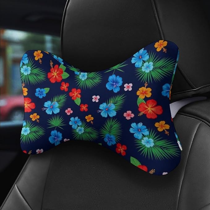Office Neck Pillow, Compatible with Hawaiian Colorful Hibiscus Flowers Tropical Palm Tree Leaves Head Chin Supporting Cushion for Sleeping, Nap, Rest, Memory Foam Airplane Pillow Car Pillow
