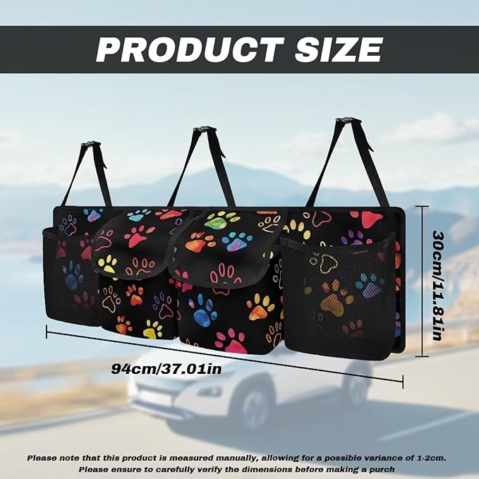 Rainbow Dog Paw Print Car Trunk Organizer Trendy Back of Seat Car Organizer for SUV,Truck,Van Trunk Storage Bag Hanging Cargo Bag