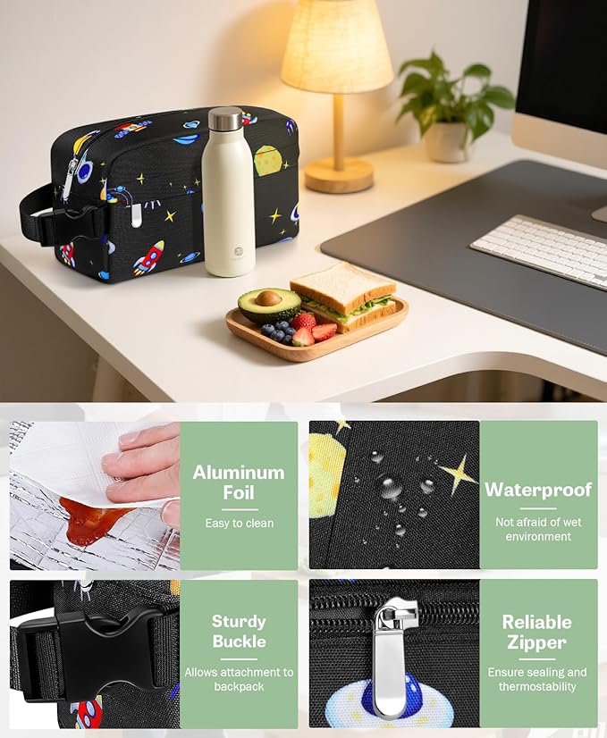 Small Insulated Snack Bag Lunch Bag for Kids Lunch Box for Women/Men, Collapsible [3L/5-Can] Reusable Lunch Bag Cooler Bag for Bottle with Handle Buckle for Work/School,Planet Astronauts