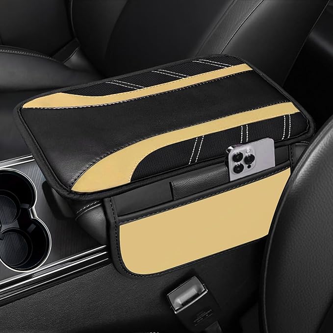 NBTEPEM Beige Center Console Cover, Sporty Leather Armrest Cover Cushion with 2 Storage Pockets, Universal Auto Middle Console Protector, Car Interior Accessories for Most SUV, Truck, Sedan Vehicles