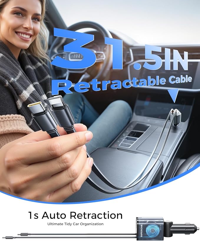 2026 Ultra-Compact SUPERONE Retractable Car Charger, 5 in 1 Car Phone Charger with USB C & Apple Cables, 84W Fast Charging USB C Car Accessories Adapter for iPhone 17/16/15/14/13, Galaxy, Pixel