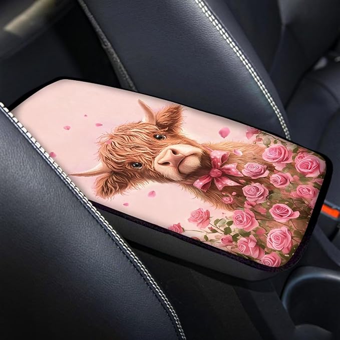 Pink Cow Car Center Console Cover Armrest Pad Cover Universal Car Arm Rest Seat Storage Box Mat Non Slip Interior Accessories