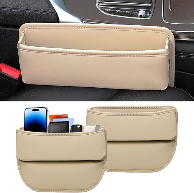 Universal Fit Premium Leather Car Seat Gap Filler Organizer, Center Console Organizer for Car SUV Truck (Beige，2 Pack)