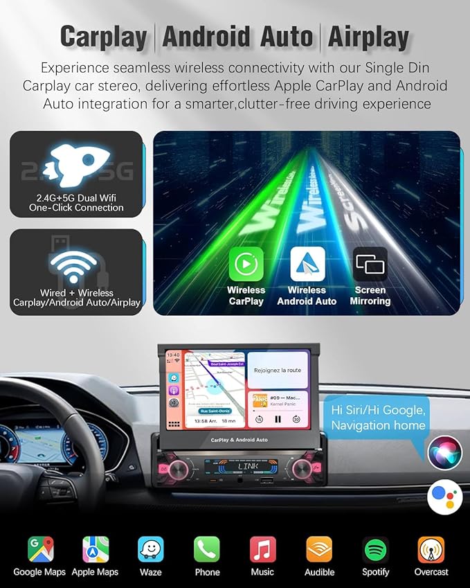 【SOOEMAKA】 Single Din Touchscreen Radio with Wireless Carplay&Android Auto,7 inch QLED Motorized Flip Out Car Stereo Upgrade PD/QC 3.0 Type-C Fast Charging/Dual WiFi/Bluetooth 5.1/AM/FM/DSP (Flip)