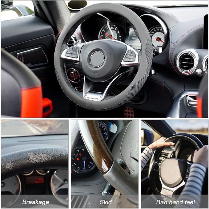 Car Steering Wheel Cover, Microfiber Breathable Ice Silk Leather Steering Wheel Cover Soft Anti-Slip Safety, 15inch Four Season Universal Fits for Most Truck,SUV,Cars (Gray)