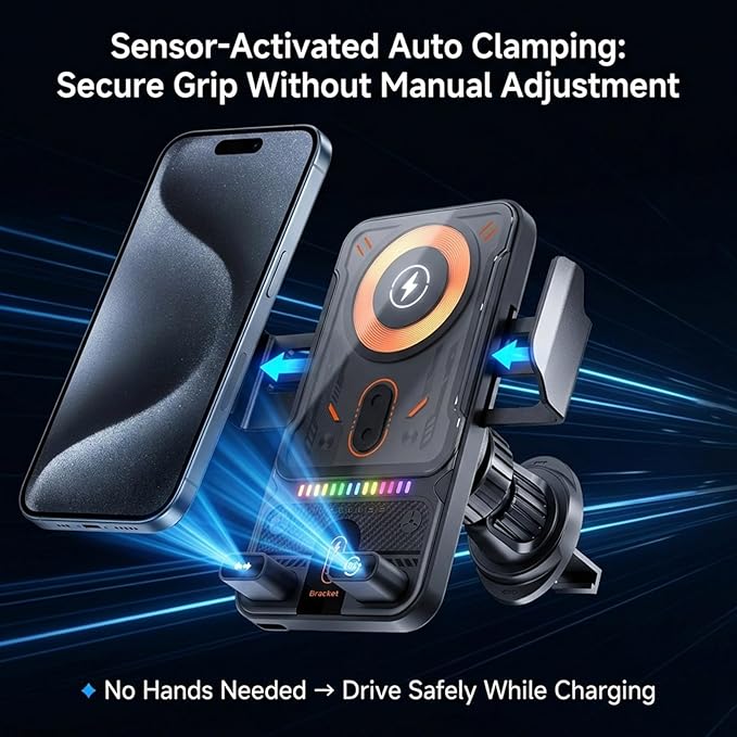 Motorized 90-Degree Rotating Wireless Car Charger Mount with Auto Clamping, 15W Fast Wireless Charging Air Vent Phone Holder for Most Smartphones (Gray)
