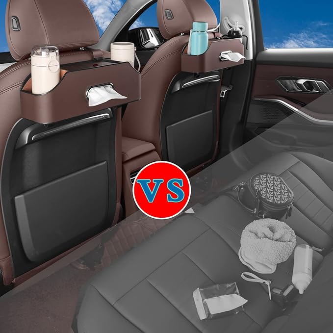 HOLDCY Car Back Seat Organizer with 2 Drink Cup Holder - Tissue Box and Storage Box Hook - Multi-functional Storage - Great for Kids and Travel (Brown)