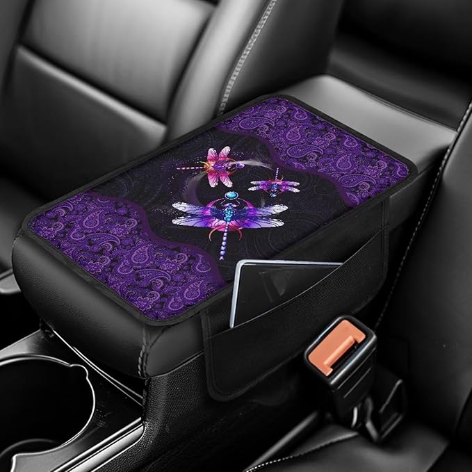 Paisley Flower Dragonfly Print Car Center Console Cover Breathable Auto Armrest Cushion Waterproof Armrest Seat Box Cover Protector Universal for Most Vehicle SUV Truck Car