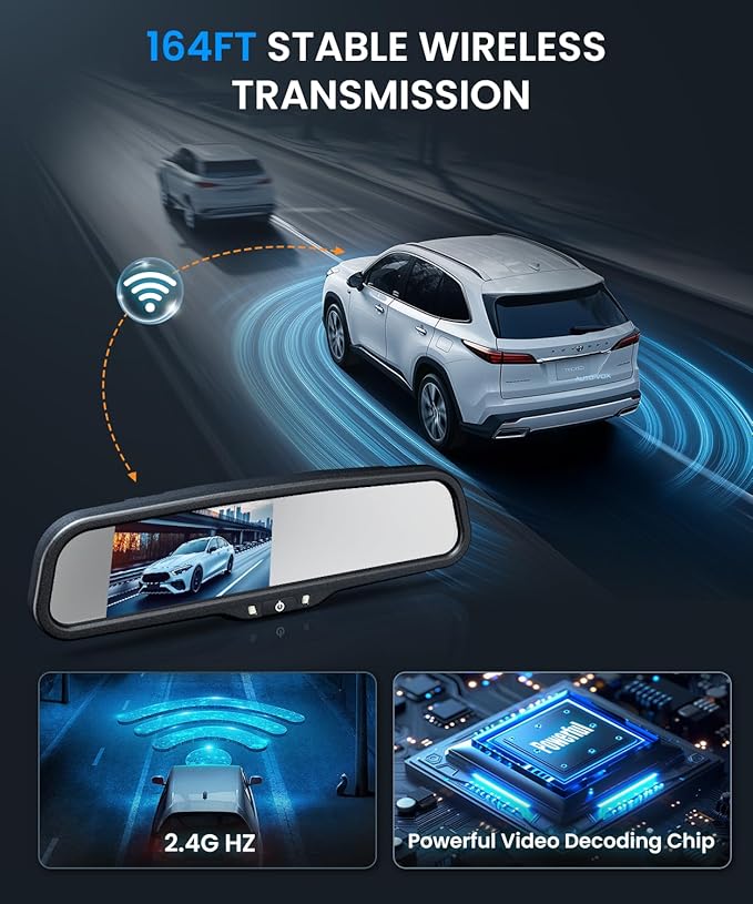 Auto-Vox Rear View Mirror Backup Camera: 4.3'' OEM HD Wireless Backup Camera with Intelligent Light Sensing Display System,IP69 Waterproof, Clear Night Vision Back Up Camera for Car, Truck & Pickup