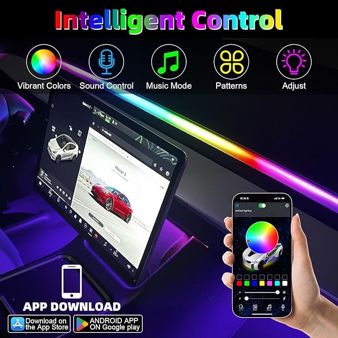 Interior Car LED Strip Lights for Tesla Model 3 Y 2021-2023, 16 Million Colors Ambient Lighting Kit with APP Control, Music Sync Color Change Neon Lights for Dashboard & Center Console