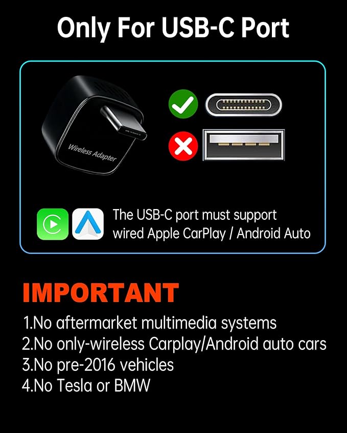 ONINCE Wireless carplay Adapter USB c, Convert Factory Wired CarPlay/Android auto to Wireless, Designed for USB-C Port Cars, Stable Connection