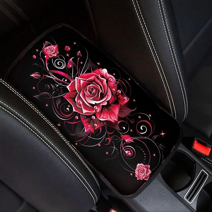 Dreaweet Red Rose Car Accessories Center Console Cover Arm Rest Cover for Car SUV Truck Center Console Cushion Pad Car Armrest Seat Box Cover Protector