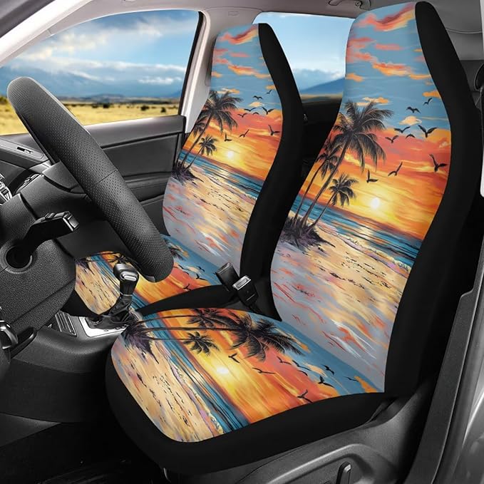 BIGCARJOB Hawaii Dusk Palm Car Seat Covers, Polyester, Universal Fit, Car, SUV, 2 Count, Front, Basic Protection, Customizable, Unique Printed