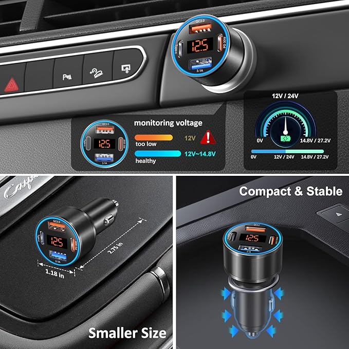 65W 4-Port Super Fast Car Charger Type C for Galaxy S25 S24 S23 Ultra S22 S21 A16 A53 A54 PD/QC3.0 Android Car Phone Charger USB C Cigarette Lighter Voltage Meter Adapter+5FT Type C Coiled Cable