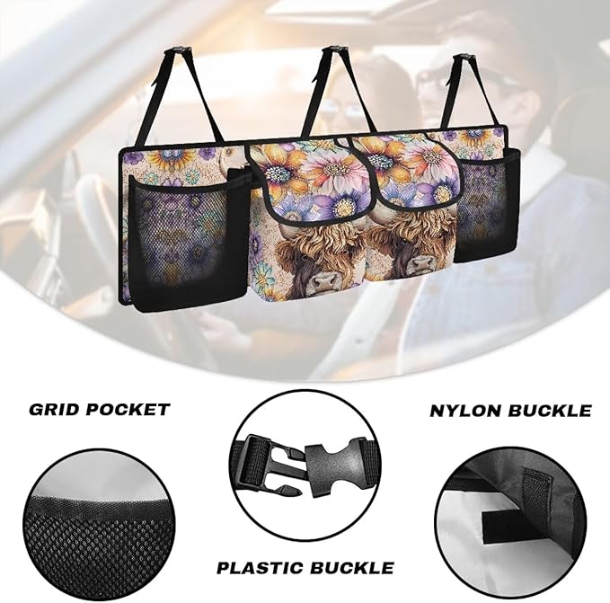 Floral Highland Cow Car Trunk Organizer Sturdy Trunk Hanging Storage Bag with 4 Compartments Backseat Car Organizer for SUV,Truck,Van