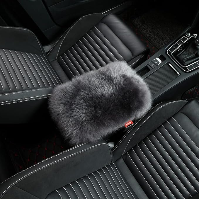 LLB Auto Center Console Cover Pad Universal Fit for SUV/Truck/Car, Genuine Sheepskin Wool Fur Car Armrest Seat Box Cover, Furry Fluffy Auto Armrest Cover Protector (Carbon Gray)