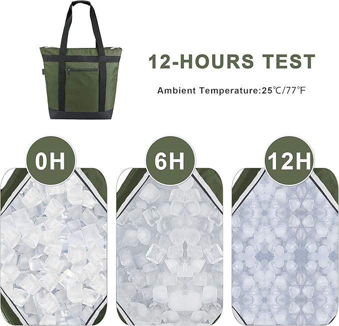 BeeGreen Cooler Bag Soft Insulated Tote for Beach Travel Grocery Shopping Lunch Portable Large Ice Coolers with Handle Hard Freezer Bags with Zippered Top Foldable Leakproof Delivery Totes Moss