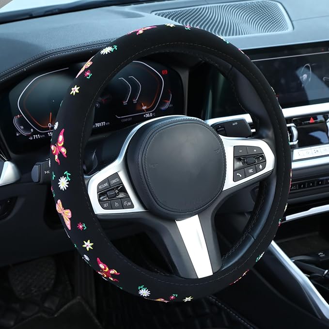 Embroidered Butterfly Daisy Cute Black Steering Wheel Cover, Auto Anti-Slip Breathable Steering Wheel Protector, Butterfly Floral Car Accessories for Women,Universal Size Fit Most Cars -15 inch