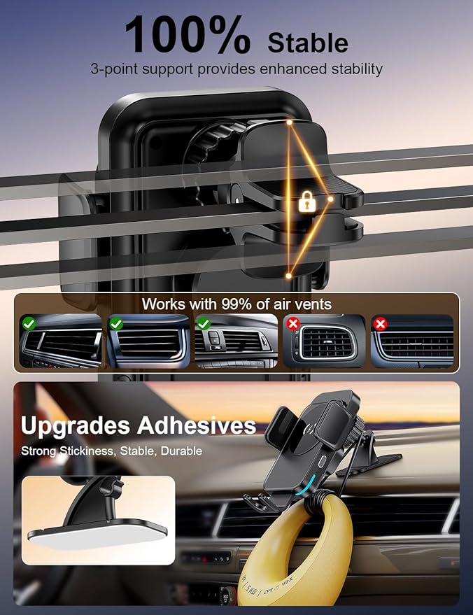 bokilino Wireless Car Charger, 15W Fast Charging [Auto Clamping] [Auto Alignment] Phone Holders for Your Car Dashboard Windshield Air Vent Car Accessories for iPhone 17 16 15 14 13 12 Series, Black