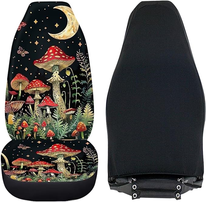 BIGCARJOB Mushroom Print Car Seat Cover Set for Front Seat Only,Moon Star Mushroom Print Auto Front Seat Protector Full Set Car Interior Accessories,Universal Fit