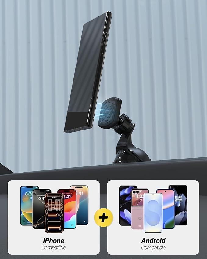 Scosche Extra Strength Suction Car Phone Mount, Magnetic Phone Holders for Your Car Windshield/Dashboard, Car Holder with 360° Rotation, Thick Metal Plate for iPhone and Android, Not MagSafe, 2-Pack