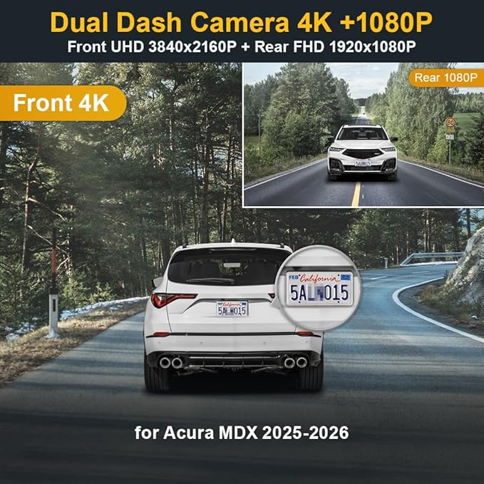 Fitcamx Front 4K+Rear 1080P Dash Cam Adapts for Acura MDX 2025 2026 Type S (HD2-D4600), Integrated OEM Look, Dual HD Video, Built-in WiFi & APP, Loop Recording, Gravity Sensor, Easy to Set, 128GB Card