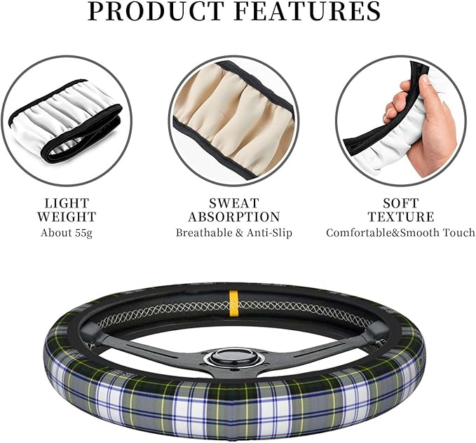 Thickened Elastic Steering Wheel Cover, Gordon Dress Tartan Plaid Ultra, Soft, Breathable, Fit for Cars, SUVs, Trucks, Stylish Comfortable Grip