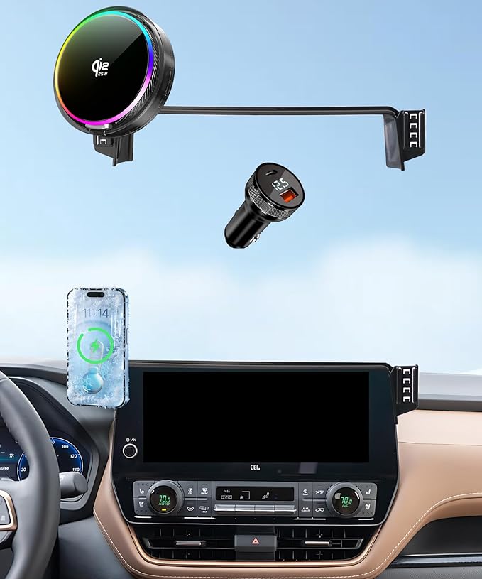 Qi2.2 25W Magnetic Car Mount Charger for Toyota Grand Highlander/Grand Highlander Hybrid 2024-2026 Accessories,for Fast Charging Cell Phone Holder 12.3 Inch Screen Fixed Clip with Cooling Fan