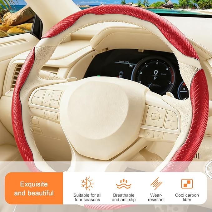 3PCS Carbon Fiber Car Steering Wheel Cover, Leather Segmented Anti-Skid Steering Wheel Protector, Snap on Automotive Interior Protection Accessories, Universal for Vehicles (Red)