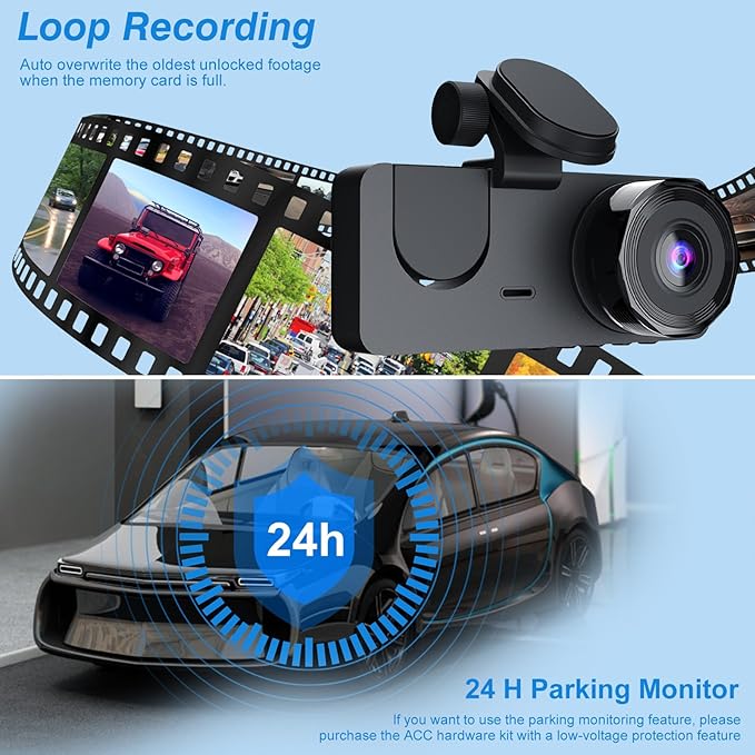 3 Channel Dash Cam Front and Rear Inside,1080P FHD Car Camera with 32G MMC Card, Night Vision, G-Sensor, Motion Detection, Parking Monitor, Loop Recording for Cars, SUVs, Trucks