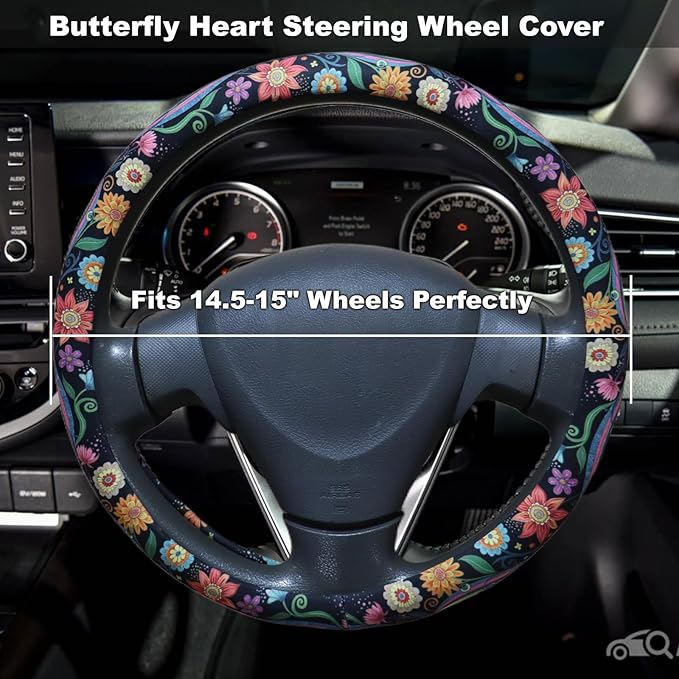 Rainbow Flowers Floral Steering Wheel Cover for 14.5-15 Inch Wheels, Premium Fabric with Non-Slip Rubber Inner Ring (Rainbow)