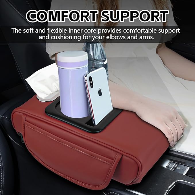 wuyaoyao Car Center Console Cover, 13.39"×8.27"×3.15" Leather Car Armrest Cover with Pocket & Tissue Box & Cup Holder, Multifunctional Auto Armrest Cushion Pad, Universal Car Accessories (Wine Red)