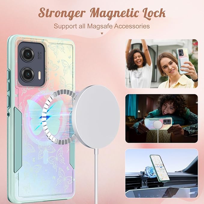 for Moto Edge 2024 Case - Compatible with MagSafe Women Girls Cute Magnetic Protective Phone Cover Girly Kawaii Pretty Butterfly Heavy Duty Shockproof Design for Motorola Moto Edge 2024 Cases