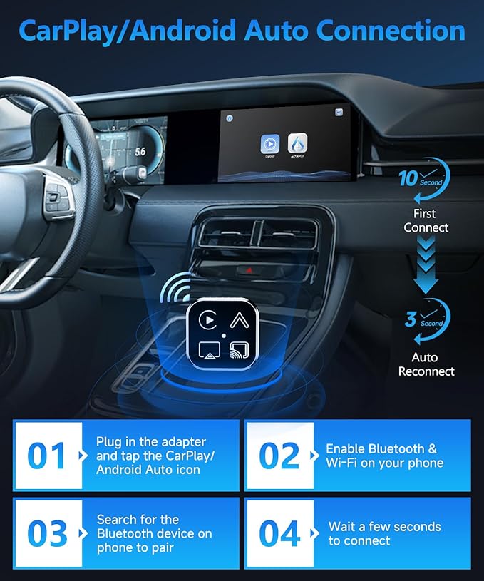 2026 4 in 1 Mini Wireless CarPlay Android Auto Adapter, Support AirPlay MirrorLink, Convert Wired to Wireless, Auto Connect for Daily Commute, Plug and Play Dongle (Silver)