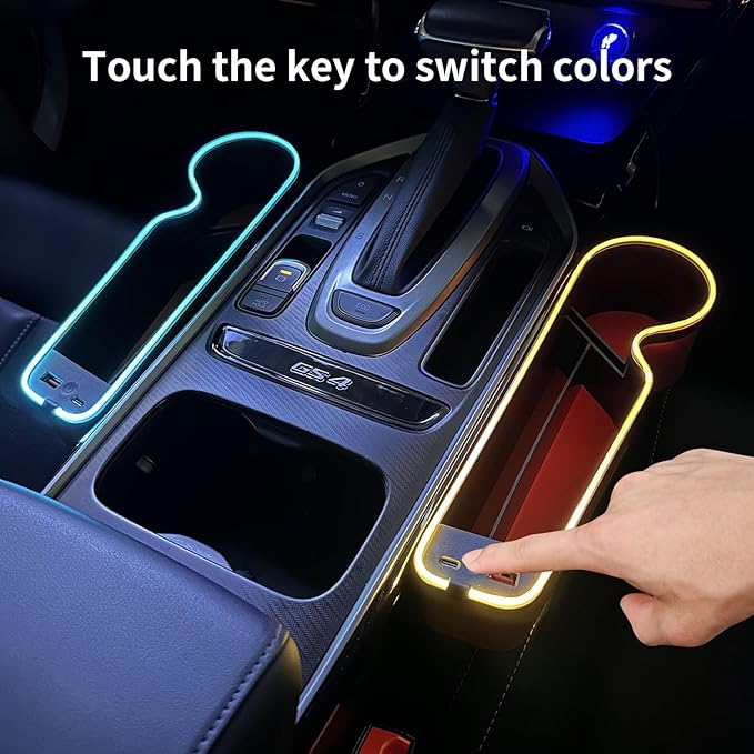 7 Color Led Car Seat Gap Organizer Car Seat Pocket Gap Filler with USB+C Charger,2 Pack Car Seat Gap Storage Console Side Gap Filler with Cigarette Lighter 2026 Fast Charger Seat Gap Filler (Black)