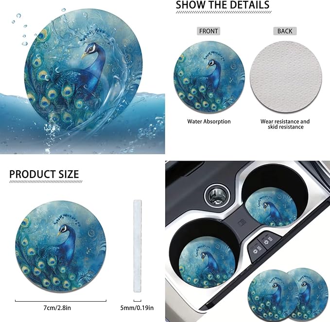 Blue Peacock Print Car Steering Wheel Cover Set for Men Women Beautiful Car Interior Decor Cup Coaster Handbrake Cover Universal Fit Auto,Suvs,Truck