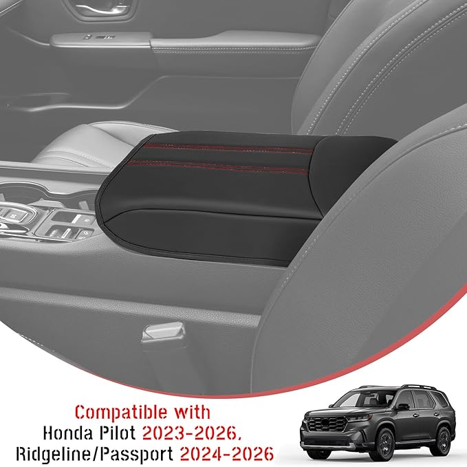 Center Console Armrest Cover Compatible with Honda Pilot 2023 2024 2025 2026, Ridgeline Passport 2024-2026, Armrest Pad Lid Cushion,Center Console Protector Pad (Red Stitching)