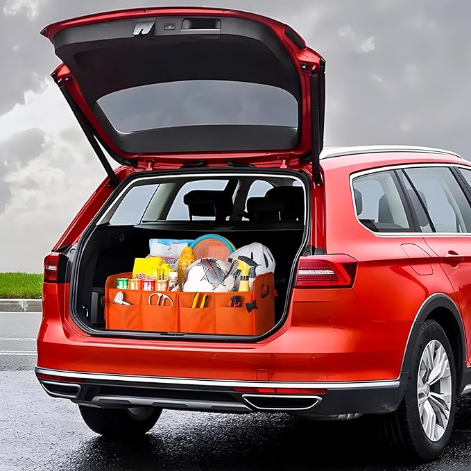 titiyiof Trunk Organizer For Suv & Sedan,Car Organizers and Storage, Waterproof Collapsible & Adjustable Straps,70L Sturdy Car Organization for Car Accessories, Tools,Sundries,2-3Compartment（Orange