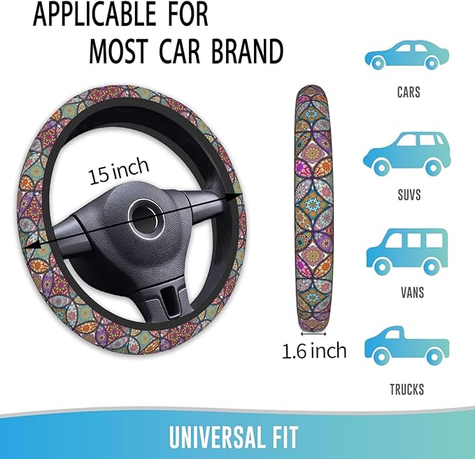 Elastic Steering Wheel Cover Car Accessories Cute Universal 15 Inch Absorbing Sweat Non-Slip Breathable for Woman - Colorful Mandala