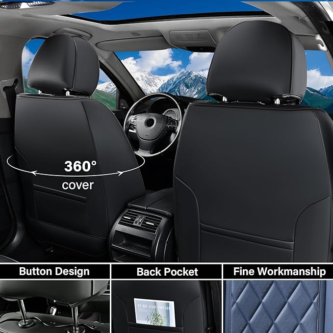 Coverado Leather Seat Covers, Car Seat Covers Full Set, Waterproof Faux Leather Black and Blue Seat Covers, Car Seat Protectors 5 Seats, Automotive Seat Covers Universal Fit for Most Cars SUV Trucks