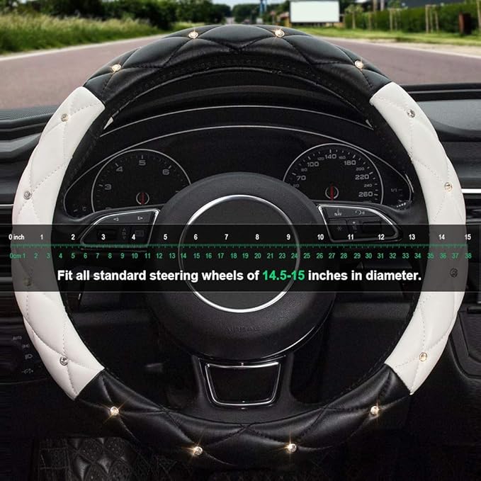 Xizopucy Black White Steering Wheel Cover, Anti-Slip Steering Wheel Protector with Crystal Rhinestones, Car Steering Wheel Cover for Women and Girl Fit 14.5-15 inch