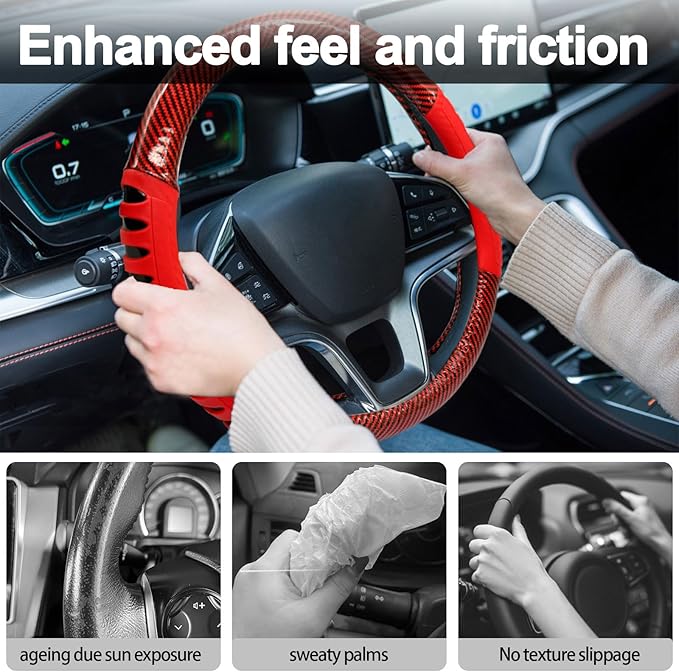 Sport Style Red PU Leather Steering Wheel Cover with Red Sport Grip Anti-Slip Breathable Steering Wheel Accessory Universal Fit 14.75-15 inch