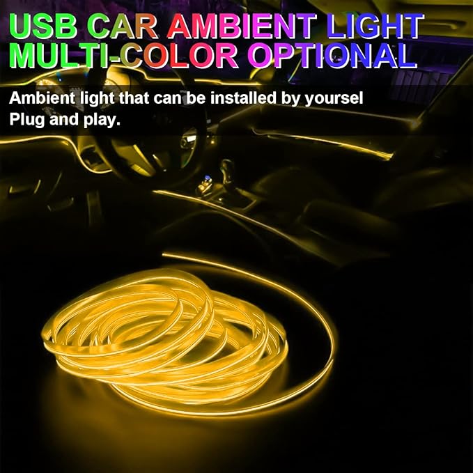 EL Wire LED Strip Lights, 10FT/3M USB Auto Neon Light Strip with Sewing Edge, Electroluminescent Car Ambient Lighting Kits with Fuse Protection, Car Decoration Accessories (Yellow)