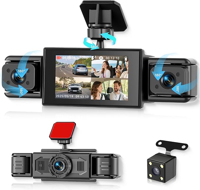 360° Dash Cam Front and Rear Inside Left Right, 3 Inch 4 Channel FHD 1080P Dash Cam for Cars, IPS Dashcams with Night Vision, Loop Recording, 24H Parking Mode Monitor, Reverse View