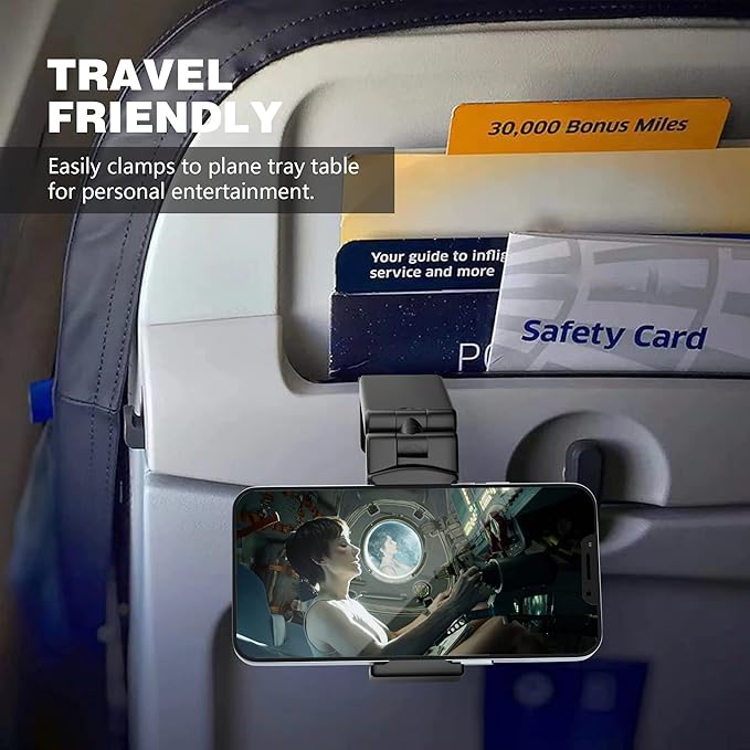 Perilogics Airplane Phone Holder Mount Universal in Flight Hands Free Viewing with Multi-Directional Dual 360 Degree Rotation (Black/Black)
