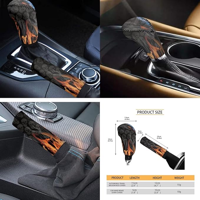 FKELYI Car Seat Covers with Skull Fire Design - Car Handbrake, Gear Shifter Knob & Steering Wheel Cover Set - Neoprene with Headrest Pads and Cup Coasters